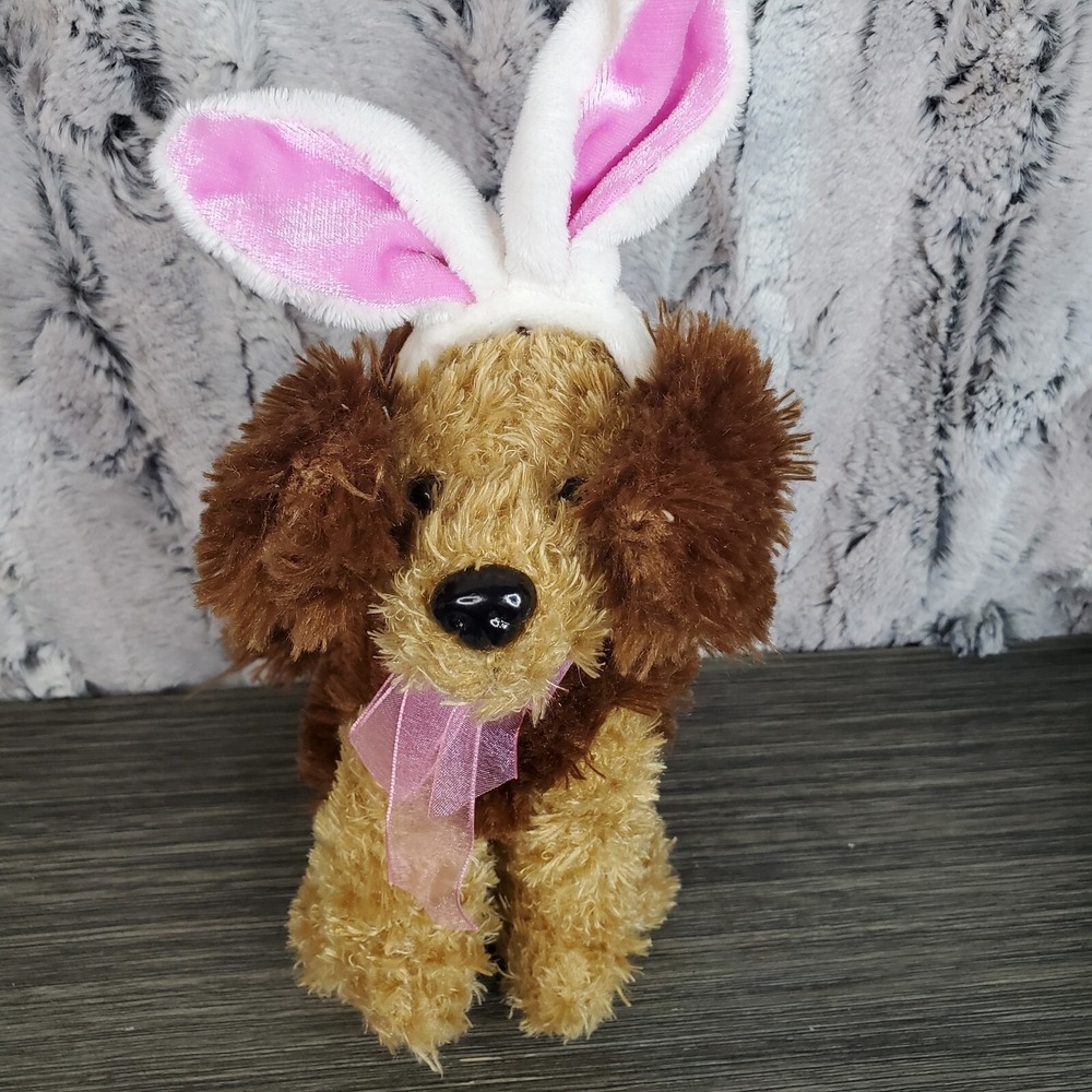 Dan Dee Brown Puppy Dog Plush 7" Easter Bunny Ears Stuffed Animal Pink Sheer Bow